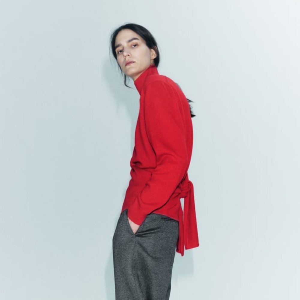 NWT Zara BRIGHT RED 100% CASHMERE KNOTTED Back SWEATER